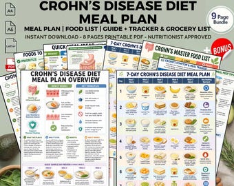 May include: A collection of printable PDF documents titled "Crohn's Disease Diet Meal Plan." The documents include meal plans, food lists, guides, trackers, and grocery lists. The pages feature colorful graphics and text, with a focus on dietary guidelines and meal ideas.