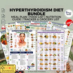 Puede incluir: Un paquete digital de dieta para el hipertiroidismo que incluye una colección de 9 páginas de documentos imprimibles, con un plan de comidas, lista de alimentos, guía nutricional, rastreador y lista de la compra con ilustraciones.