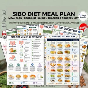 May include: A collection of printable SIBO diet meal plan guides. The documents include a meal plan, food list, guide, tracker, and grocery list. The pages feature detailed information on the SIBO diet, including foods to prioritize and a 7-day meal plan.