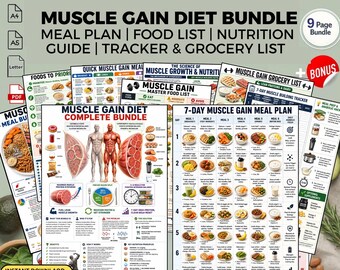Paquete de plan de comidas para ganar masa muscular + lista de alimentos: Guía nutricional para ganar masa muscular magra y fuerza (PDF imprimible)