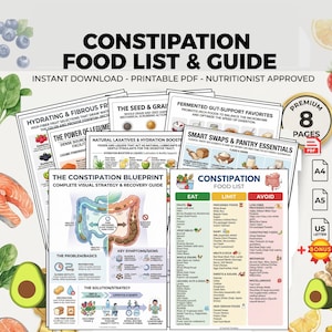 May include: A printable PDF guide titled "Constipation Food List & Guide" with detailed information on foods to eat, limit, and avoid. The guide includes a visual strategy and recovery blueprint, and is nutritionist approved.