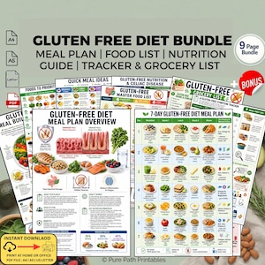Op de afbeelding: Een verzameling afdrukbare glutenvrije dieetbronnen. De bundel bevat een maaltijdplan, voedingslijst, voedingsgids, tracker en boodschappenlijst. De documenten bevatten kleurrijke afbeeldingen en tekst, met de woorden "Gluten Free Diet Bundle".