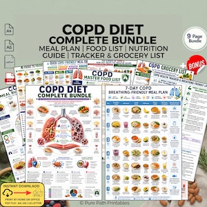 May include: A digital 9-page COPD diet complete bundle featuring a meal plan, food list, nutrition guide, tracker, and grocery list. The documents include illustrations of lungs, food items, and charts with text detailing breathing-friendly nutrition.