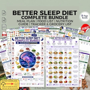 Op de afbeelding: Een digitaal 9-pagina's tellend Better Sleep Diet-pakket met maaltijdplan, voedingslijst, voedingsgids, tracker en boodschappenlijst. De documenten bevatten een centrale hersenillustratie, voedselpictogrammen en tekst over slaapbevorderende voeding.