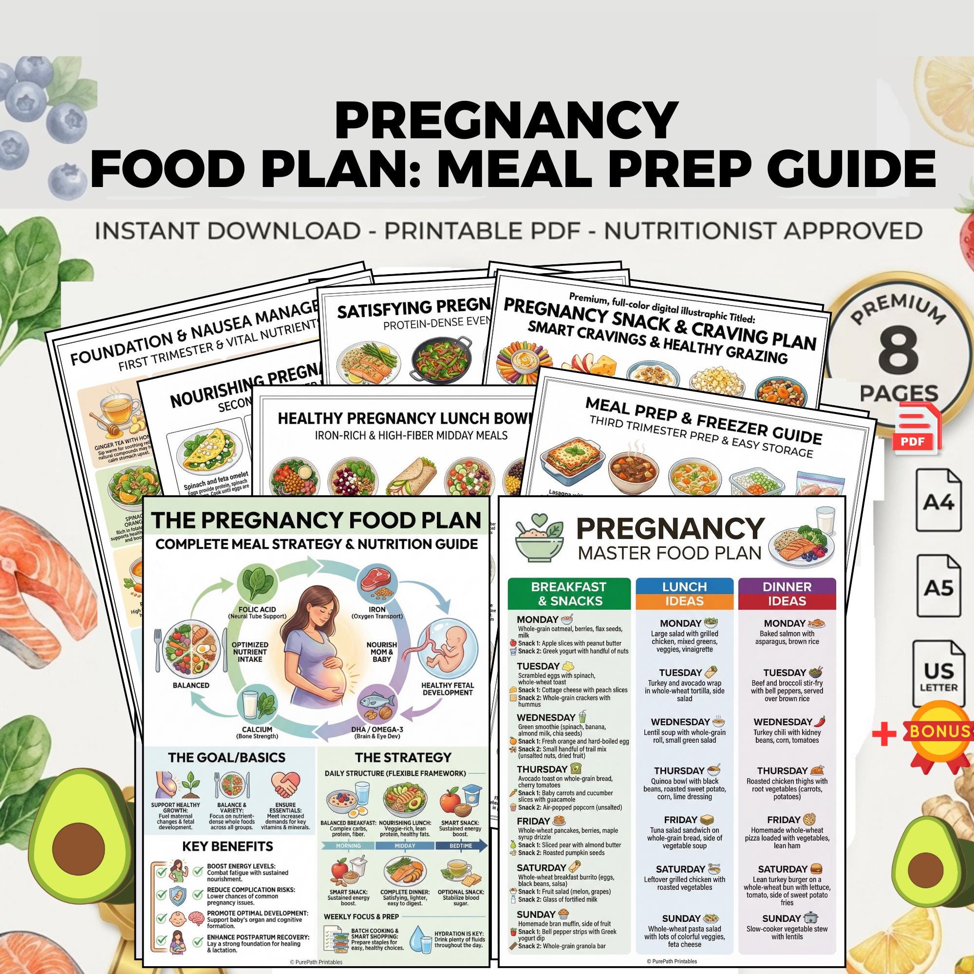 Pregnancy Food Plan | Prenatal Nutrition Guide: Printable Meal Prep ...