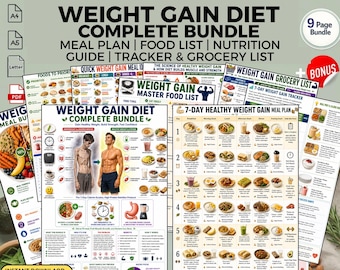 Weight Gain Diet Bundle Printable PDF | Meal Plan Food List & Grocery Checklist | Weight Gain Tracker Nutrition Guide (Digital Download)