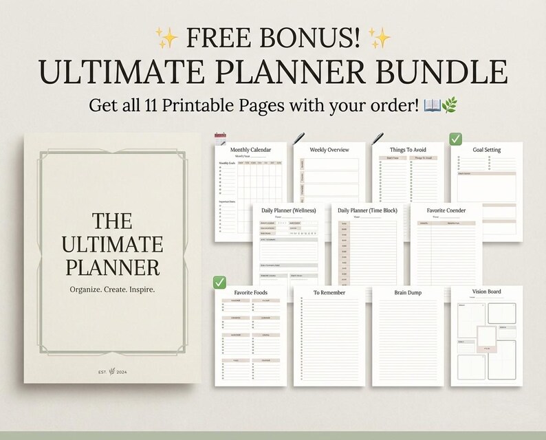 Puede incluir: Un paquete Ultimate Planner, con un planificador crema y varias p&aacute;ginas imprimibles. El planificador tiene el texto "The Ultimate Planner" e incluye un calendario mensual, establecimiento de objetivos y m&aacute;s. El texto "Free Bonus!" est&aacute; en la parte superior.