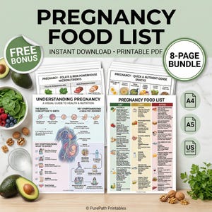 May include: A collection of printable pregnancy guides. The guides include a pregnancy food list, a visual guide to health and nutrition, and information on micronutrients and quick snacks. The bundle includes A4, A5, and US Letter sizes.