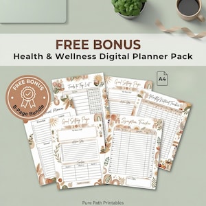May include: A digital planner pack with a boho theme. The pack includes pages for meal planning, goal setting, and symptom tracking. The text on the image says "FREE BONUS Health & Wellness Digital Planner Pack" and "FREE BONUS 8-Page Bundle".