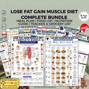May include: A 9-page digital bundle titled Lose Fat Gain Muscle Diet, featuring meal plans, food lists, nutrition guides, trackers, and grocery lists. The documents include charts, anatomical diagrams, and food illustrations for body recomposition.
