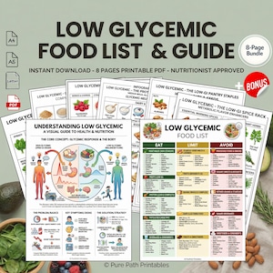 Puede incluir: Un paquete de descarga digital de listas y guías de alimentos de bajo índice glucémico. El PDF imprimible incluye una guía de 8 páginas con información nutricional. La guía incluye listas de alimentos para comer, limitar y evitar, junto con ayudas visuales.