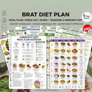 以下が含まれることがあります： 印刷可能なダイエットプランシートのコレクション。「BRAT DIET PLAN」というメインタイトルと、「MEAL PLAN | FOOD LIST | GUIDE + TRACKER & GROCERY LIST」などの追加テキストが表示されています。シートには、食事プラン、食品リスト、7日間の長寿ダイエットプランが記載されています。