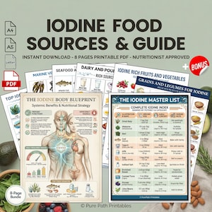 May include: A printable PDF guide titled "Iodine Food Sources & Guide" with charts and illustrations. The guide includes information on iodine-rich foods, the body's iodine blueprint, and a master list of iodine sources. The image also includes a bonus.