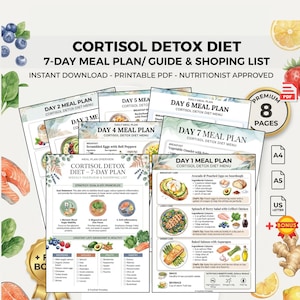 Könnte beinhalten: Ein digitaler 7-Tage-Ernährungsplan-Leitfaden für eine Cortisol-Detox-Diät. Das druckbare PDF enthält eine Einkaufsliste und ist von einem Ernährungsberater genehmigt. Das Design zeigt farbenfrohe Lebensmittelillustrationen.