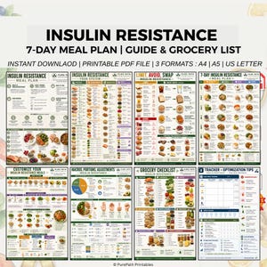 May include: A collection of printable PDF files with the title "INSULIN RESISTANCE" and the subtitle "7-DAY MEAL PLAN | GUIDE & GROCERY LIST". The files include meal plans, food systems, and grocery checklists. The formats are A4, A5, and US Letter.