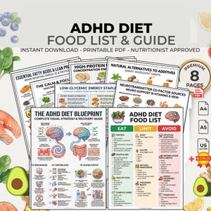 以下が含まれることがあります： 印刷可能なADHDダイエットの食品リストとガイド。視覚的な戦略と回復ガイドが特徴です。ガイドには、必須脂肪酸、高タンパク質食品、天然代替品に関するセクションが含まれています。PDFダウンロードには8ページが含まれています。