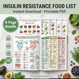This 8-page bundle features an insulin resistance food list and printable PDF guide for blood sugar management. The high-quality digital download includes a low-glycemic fruit selection chart, healthy protein sources, and a visual guide to nutrition. Designed for PCOS diet support and diabetes wellness, it offers Eat, Limit, and Avoid categories. Available in A4, A5, and US Letter sizes, this bundle also includes a free bonus health resource.