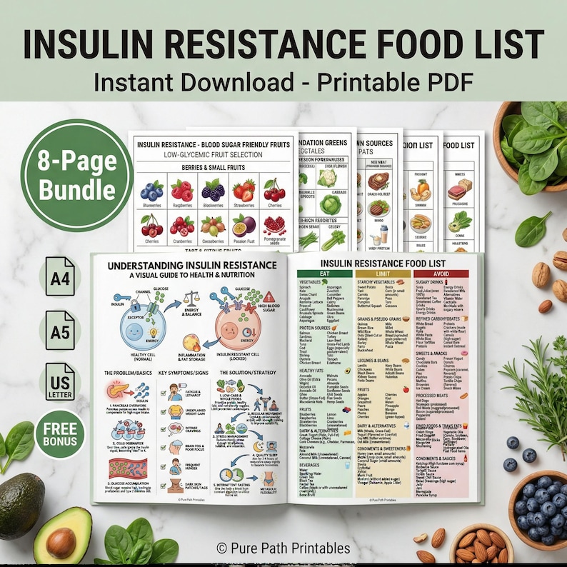 This 8-page bundle features an insulin resistance food list and printable PDF guide for blood sugar management. The high-quality digital download includes a low-glycemic fruit selection chart, healthy protein sources, and a visual guide to nutrition. Designed for PCOS diet support and diabetes wellness, it offers Eat, Limit, and Avoid categories. Available in A4, A5, and US Letter sizes, this bundle also includes a free bonus health resource.