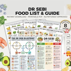 Puede incluir: Una colección de guías y listas en PDF imprimibles relacionadas con las recomendaciones alimentarias del Dr. Sebi. Las guías incluyen información sobre frutas, verduras, granos y alimentos a evitar. El título "DR SEBI FOOD LIST & GUIDE" se muestra en la parte superior.
