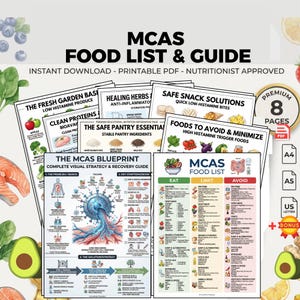 Puede incluir: Una colección de guías e infografías en PDF imprimibles sobre la lista y guía de alimentos MCAS. Las guías incluyen información sobre productos bajos en histamina, soluciones de refrigerios seguros y alimentos a evitar. Disponible en tamaños A4, A5 y carta estadounidense.