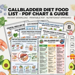 May include: A collection of printable PDF charts and guides for a gallbladder diet. The charts include lists of foods to eat, limit, and avoid, along with a visual strategy and recovery guide. The documents are available for instant download.