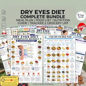 Dry Eyes Diet Bundle Printable PDF, 7-Day Dry Eye Meal Plan, Food List, Grocery Checklist, Dry Eye Symptom Tracker & Ocular Comfort Guide