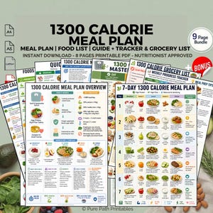 Puede incluir: Una colección de guías imprimibles de planes de comidas de 1300 calorías. Los documentos incluyen un plan de comidas, una lista de alimentos, una guía, un rastreador y una lista de compras. Las páginas presentan gráficos coloridos y desgloses detallados de comidas para una semana.