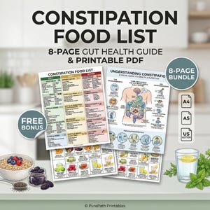 May include: A printable PDF bundle featuring a constipation food list and a gut health guide. The food list categorizes foods to eat, limit, and avoid. The guide includes a visual of the digestive system and solutions. Includes a free bonus.