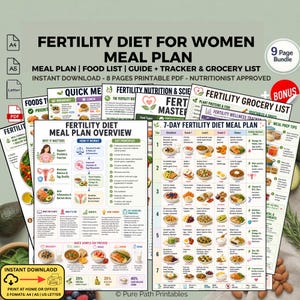 Puede incluir: Un conjunto de documentos PDF imprimibles titulados "Plan de comidas de dieta de fertilidad para mujeres". Los documentos incluyen planes de comidas, listas de alimentos, guías, rastreadores y listas de compras. Las páginas presentan ilustraciones coloridas de alimentos e información nutricional.