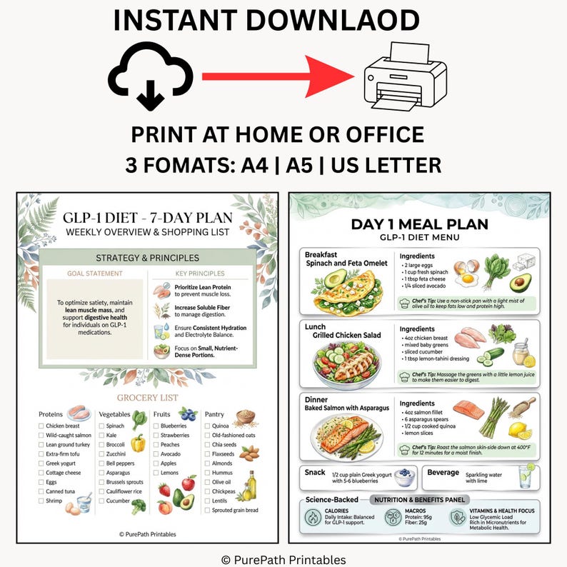 Comprehensive 7-day GLP-1 diet meal plan and weekly grocery list printable PDF featuring high-protein recipes, nutritional macros, and a wellness tracker bonus for weight loss management.