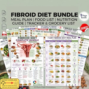 May include: A digital Fibroid Diet Bundle featuring a 9-page collection of meal plans, food lists, nutrition guides, trackers, and grocery lists. The documents include detailed charts, anatomical illustrations of the uterus, and daily meal schedules.
