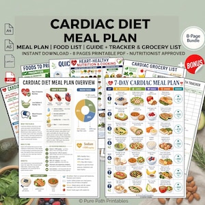 May include: A collection of printable PDF documents titled "Cardiac Diet Meal Plan." The documents include a meal plan, food list, guide, tracker, and grocery list. The pages feature colorful illustrations of food and nutritional information, with the text "Heart-Healthy Nutrition & Cooking."