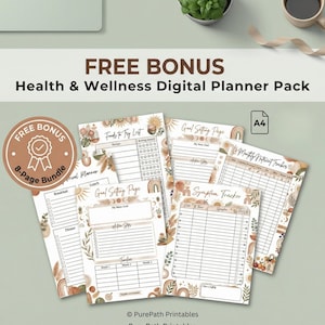 May include: A digital planner pack with a boho theme, featuring pages for meal planning, goal setting, and symptom tracking. The pack includes an 8-page bundle with the text "FREE BONUS" and "Health & Wellness Digital Planner Pack."