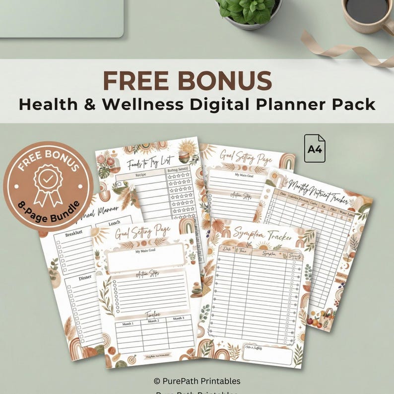 May include: A digital planner pack with a boho theme, featuring pages for meal planning, goal setting, and symptom tracking. The pack includes an 8-page bundle with the text "FREE BONUS" and "Health & Wellness Digital Planner Pack."