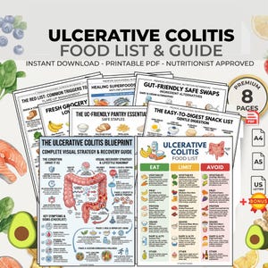 May include: A collection of printable PDF guides for ulcerative colitis, featuring food lists, safe swaps, and a recovery blueprint. The guides include lists of foods to eat, limit, and avoid, with a focus on nutrition and flare-up management.