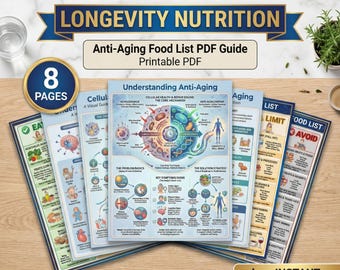 Anti-Aging Food List PDF | Longevity Diet Nutrition Guide | Healthy Lifestyle Plan | Skin Wellness | Printable
