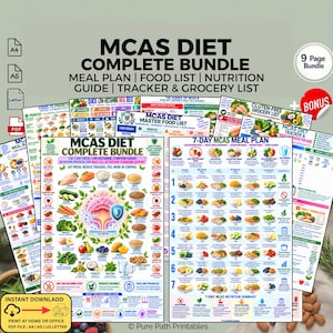 May include: A 9-page MCAS diet complete bundle featuring a meal plan, food list, nutrition guide, tracker, and grocery list. The documents include colorful illustrations of food items, dietary charts, and text detailing low-histamine nutrition.