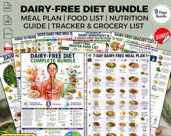 Paquete de plan de comidas para una dieta sin lácteos: lista de alimentos y guía de alimentación saludable (PDF imprimible para descargar).