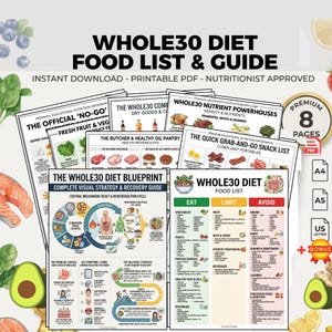 Pode incluir: Um conjunto de guias e listas de alimentos imprimíveis da dieta Whole30. Os documentos incluem infográficos sobre listas de alimentos, centrais de nutrientes e opções de lanches. Os guias estão disponíveis em formato PDF e incluem um bônus.