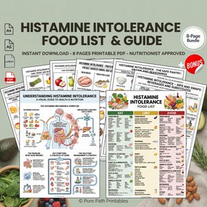 May include: A collection of printable PDF guides on histamine intolerance, including food lists, a visual guide to health and nutrition, and safe pantry tips. The guides feature colorful illustrations and are designed for instant download.
