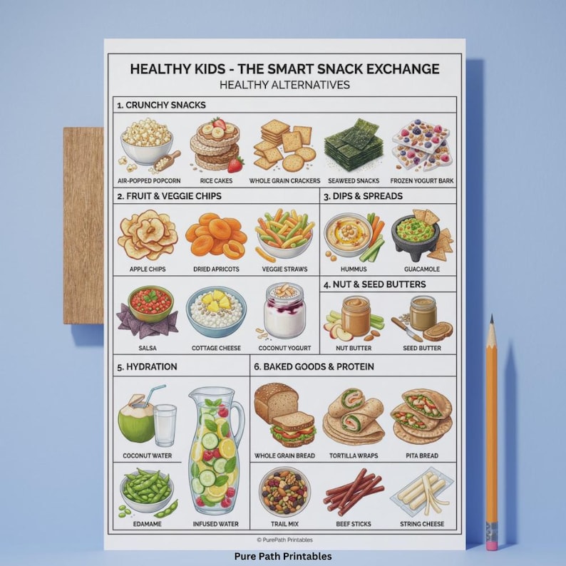 Comprehensive 8-page bundle of Healthy Kids Food List printables for pediatric nutrition education. This digital download includes a visual guide to health, cognitive wellness charts, and a detailed eat, limit, and avoid food list for healthy meal planning. Perfect for homeschooling parents and educators. Available in A4, A5, and US Letter sizes with a Free Bonus badge. Mockup features fresh blueberries, avocado, walnuts, and green juice.