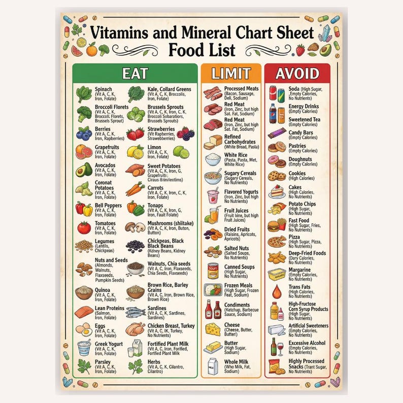 Vitamins and Minerals Food Chart, Nutrition Reference Guide (printable ...