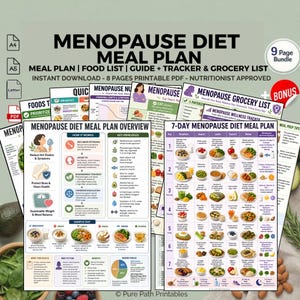 Pode incluir: Um conjunto de documentos PDF imprimíveis intitulados "Menopause Diet Meal Plan". Os documentos incluem um plano de refeições, uma lista de alimentos, um guia, um rastreador e uma lista de compras. As páginas apresentam ilustrações e texto coloridos.