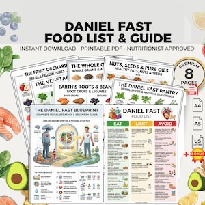 Può includere: Un download digitale intitolato "DANIEL FAST FOOD LIST & GUIDE". La guida include elenchi di frutta, verdura, cereali e altri alimenti da mangiare, limitare o evitare. Il design presenta illustrazioni colorate e il testo "Instant Download - Printable PDF - Nutritionist Approved."
