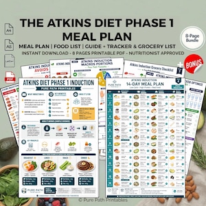 May include: A collection of printable PDF documents for the Atkins Diet Phase 1, including a meal plan, food list, guide, tracker, and grocery list. The documents feature detailed meal examples, key benefits, and a 14-day meal plan. The documents are labeled with the text "Pure Path Printables".