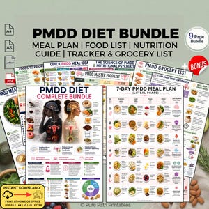 May include: A digital PMDD Diet Bundle featuring a 9-page collection of meal plans, food lists, nutrition guides, and trackers. The documents include charts, illustrations of the brain and reproductive system, and a 7-day luteal phase meal plan.