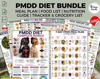 Plan de comidas para la dieta del síndrome premenstrual (SPM), lista de alimentos, lista de compras, guía para el equilibrio hormonal (PDF imprimible).