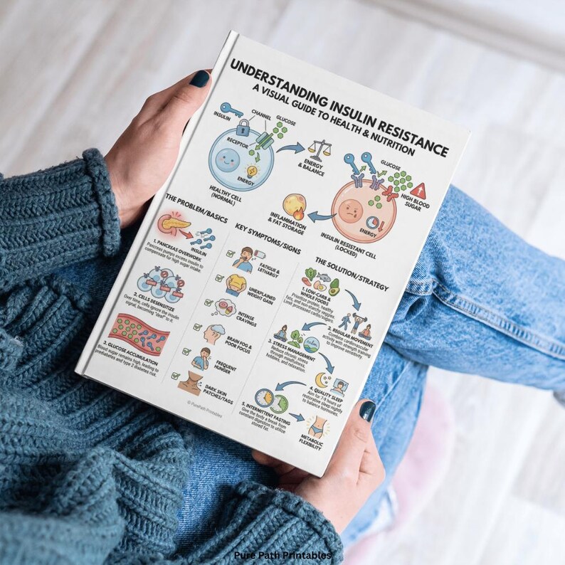 This 8-page bundle features an insulin resistance food list and printable PDF guide for blood sugar management. The high-quality digital download includes a low-glycemic fruit selection chart, healthy protein sources, and a visual guide to nutrition. Designed for PCOS diet support and diabetes wellness, it offers Eat, Limit, and Avoid categories. Available in A4, A5, and US Letter sizes, this bundle also includes a free bonus health resource.