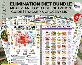 Paquete de plan de comidas para dieta de eliminación, lista de alimentos, registro de síntomas, guía nutricional, descarga en PDF imprimible.