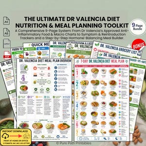 May include: A collection of printable diet and meal planning guides. The documents include meal plans, grocery lists, and charts. The title reads "The Ultimate Dr. Valencia Diet Nutrition & Meal Planning Toolkit". The documents are in PDF format.